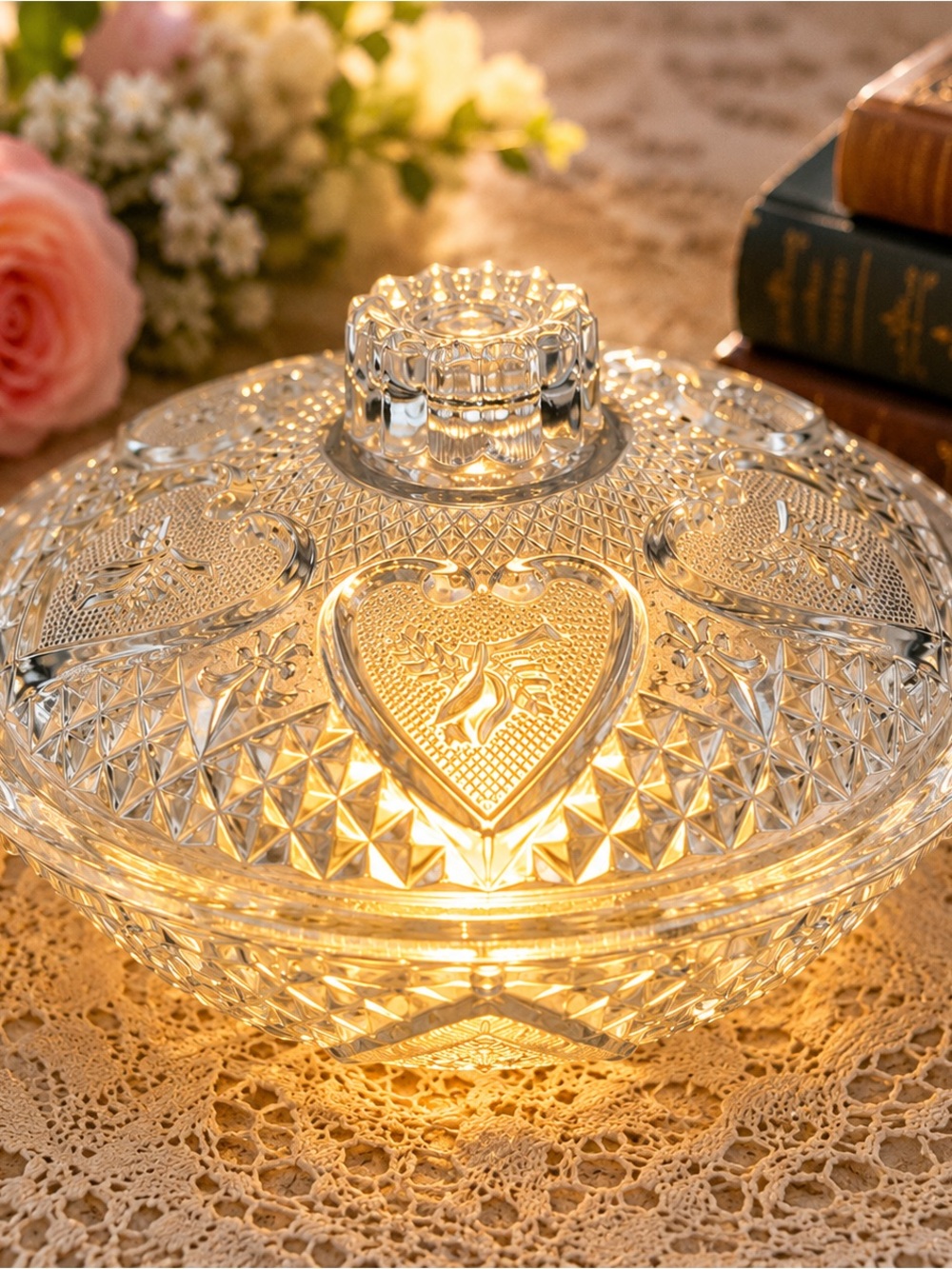 Vint. Pressed Glass Heart Candy Dish w Lid Styled as a Fairy Lamp | Cottagecore